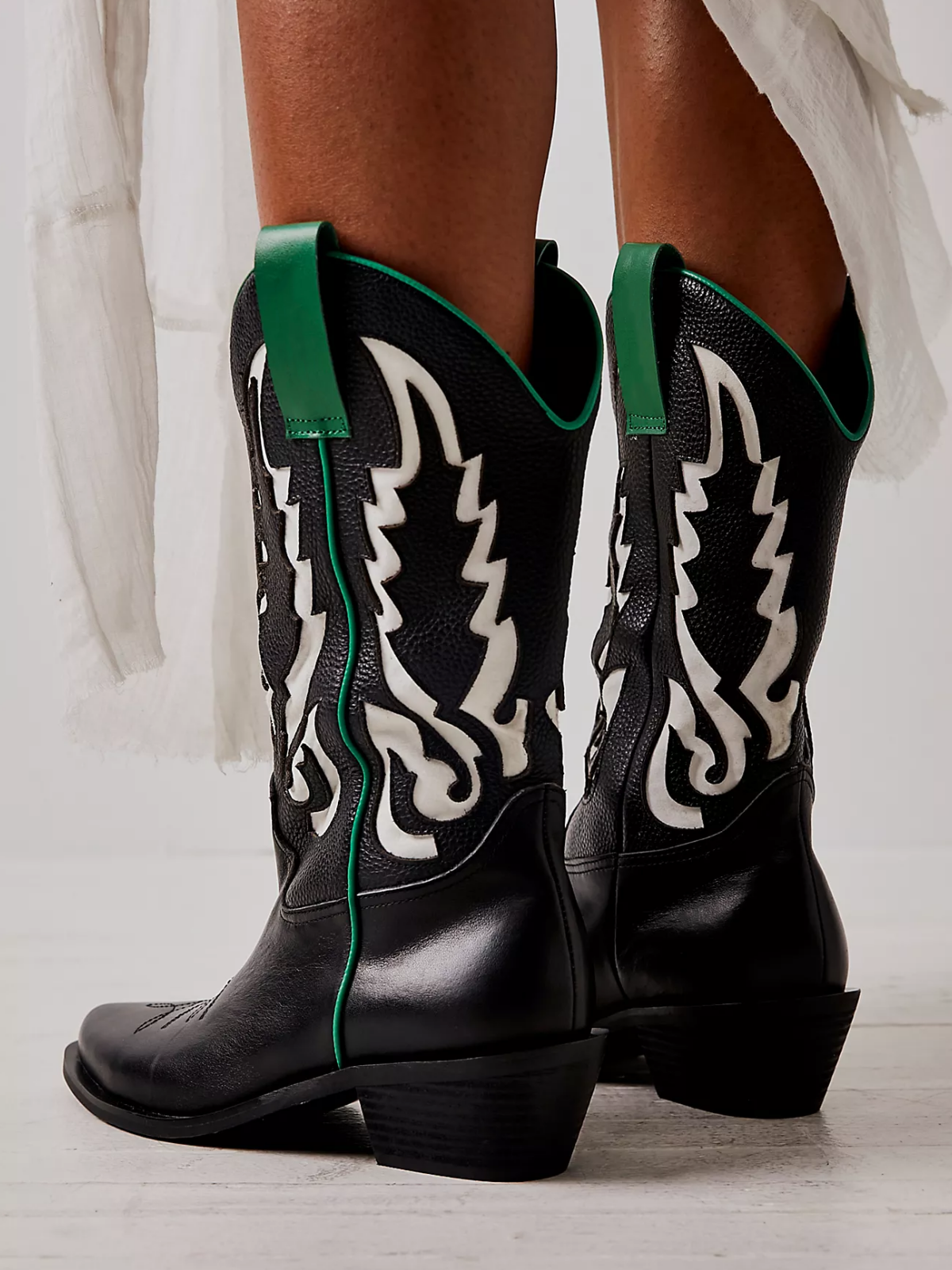 Black Almond-Toe Inlay Wide Mid Calf Cowgirl Boots