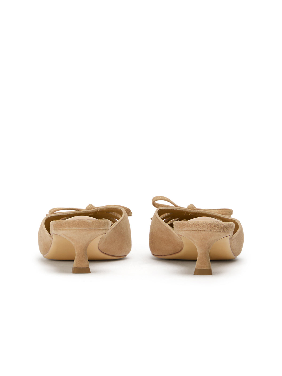 Tan Faux Suede Pointed-Toe Front Cut-Out And Bow Backless Kitten Heels