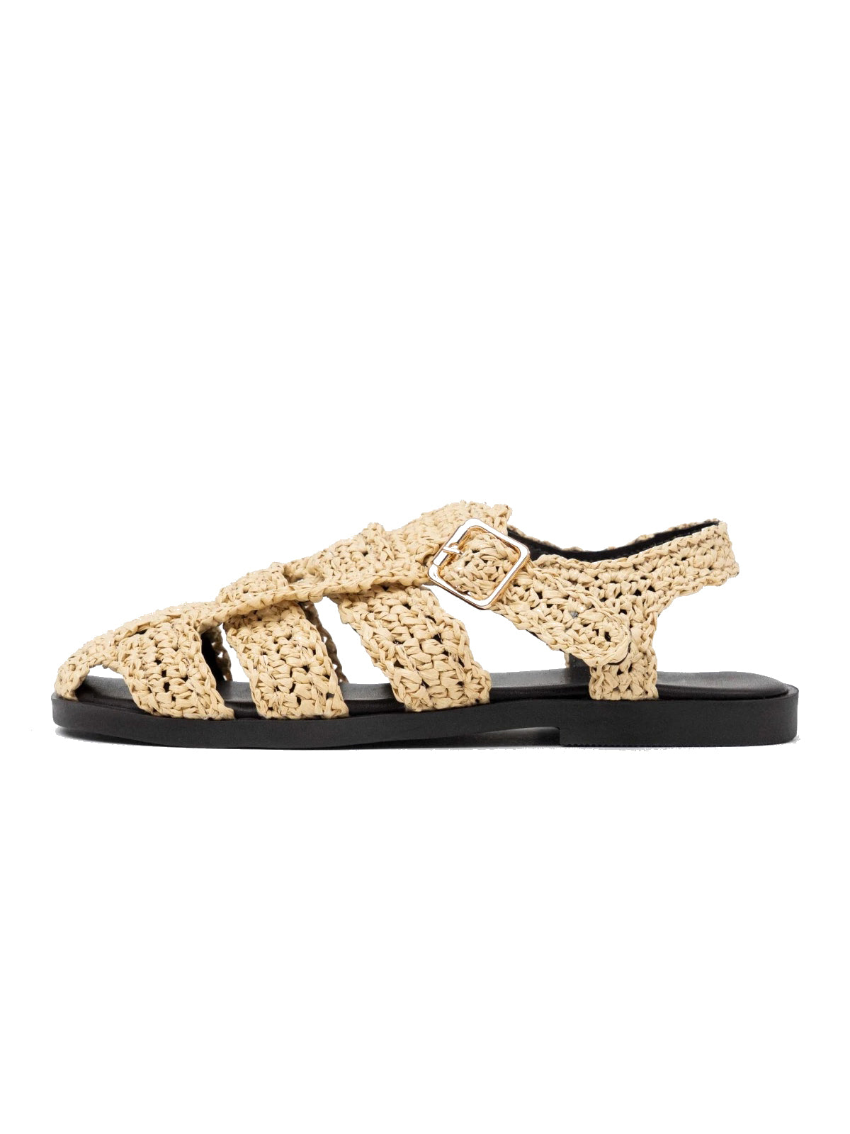 Beige Grass Woven Round-Toe Caged Detail Buckle Strap Flats