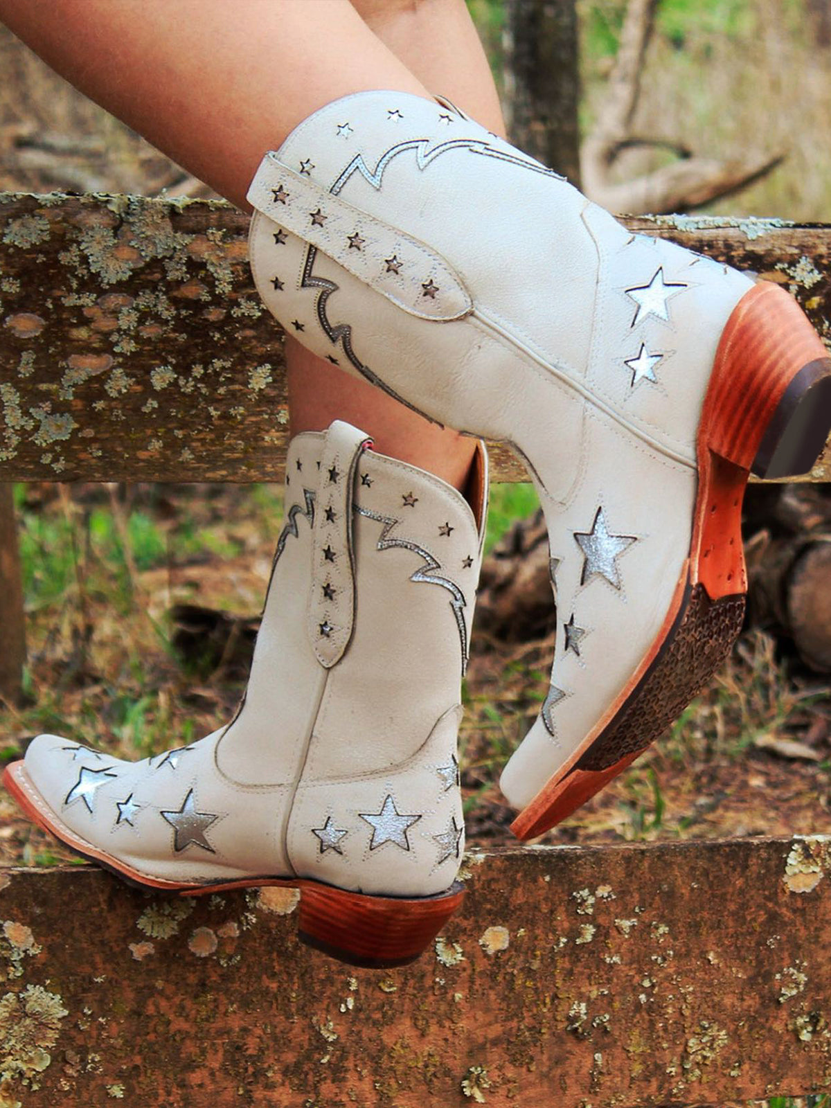 White Snip-Toe Metallic Silver Stars Inlay Wide Mid Calf Cowgirl Boots