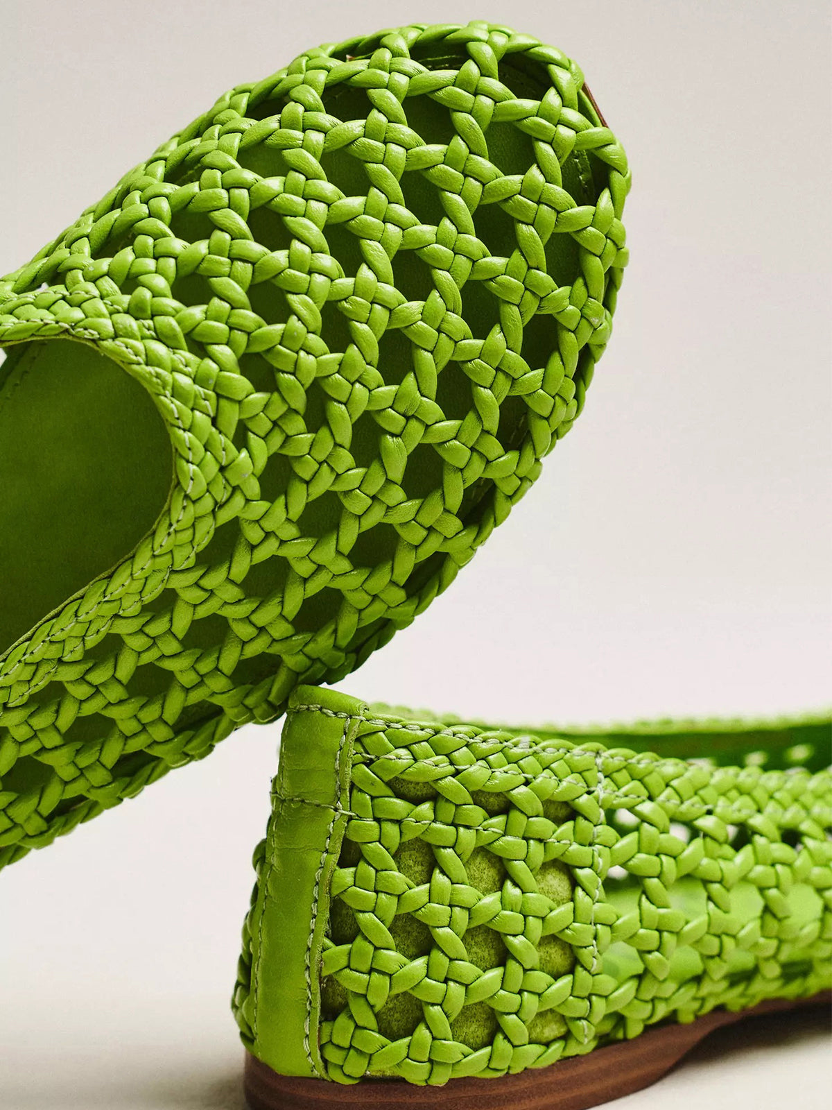 Green Woven Vegan Leather Round-Toe Slip-On Classic Ballet Flats