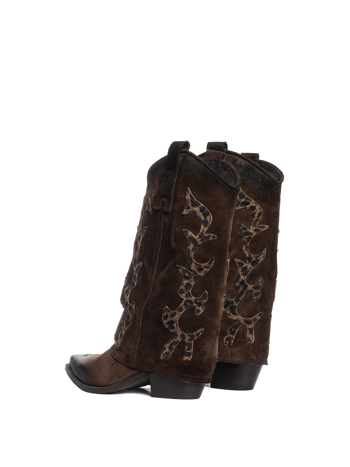 Dark Brown Faux Suede Snip-Toe Leopard Applique Fold-Over Mid Calf Cowgirl Boots