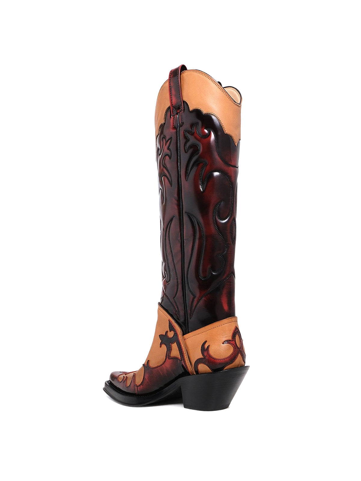 Contrast Burgundy And Tan Pointed-Toe Classic Embroidery Wide Calf Knee High Chic Cowgirl Boots