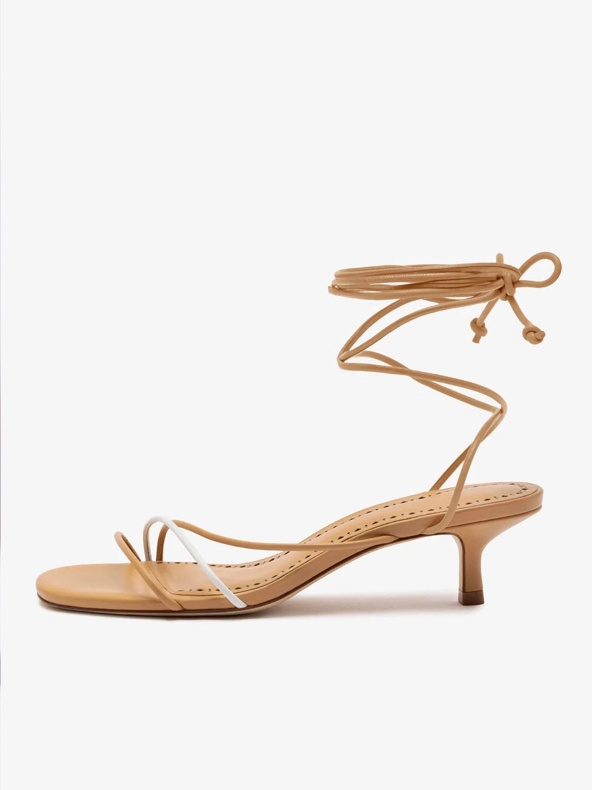 Tan Round-Toe Front And Long Ankle Strap Kitten Heels