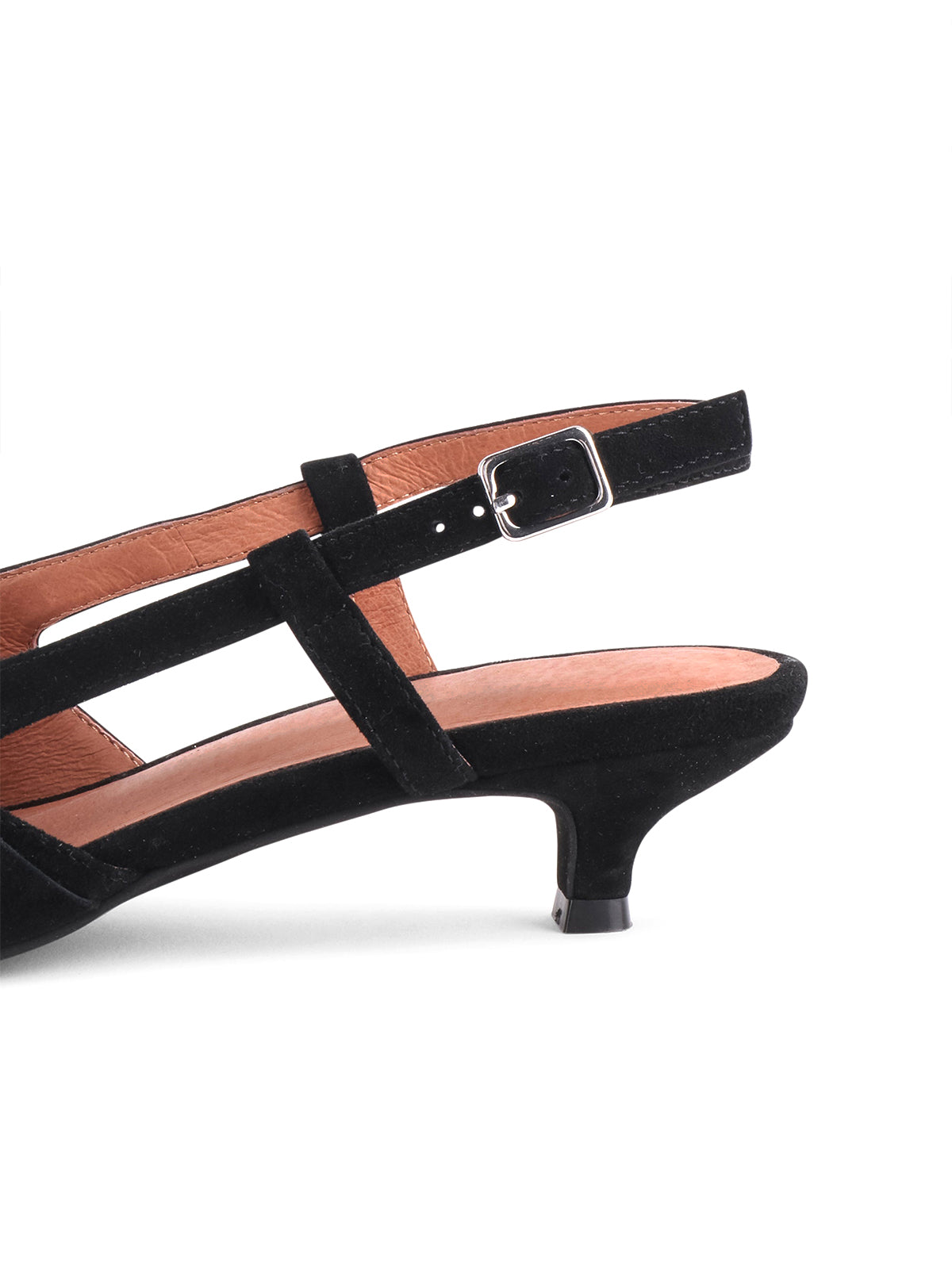 Black Faux Suede Pointed-Toe Front Eyelets Back Strap Kitten Heels