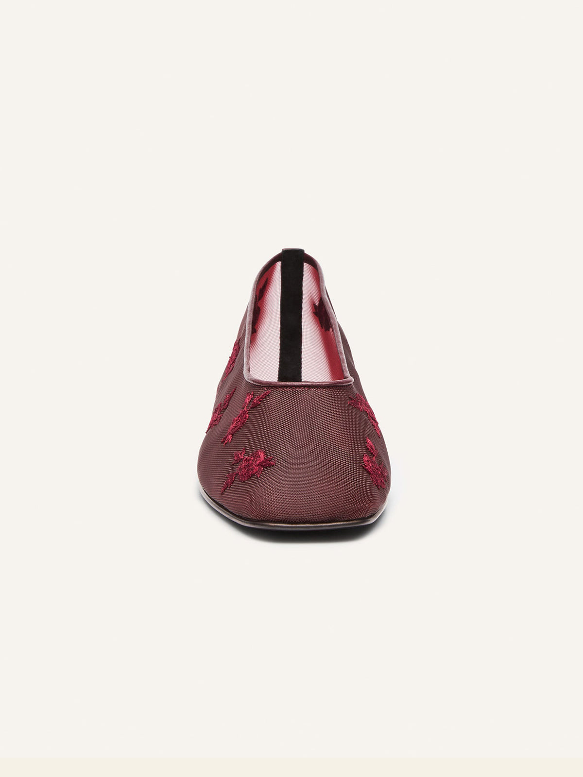 Burgundy Round-Toe Mesh With Floral Embroidery Flats