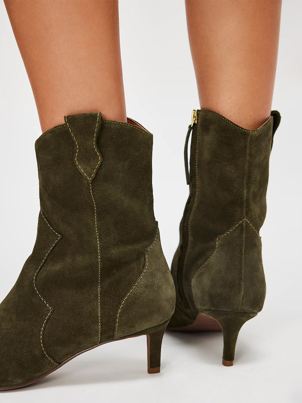 Olive Green Faux Suede Pointed-Toe Full-Zip Ankle Stiletto Boots