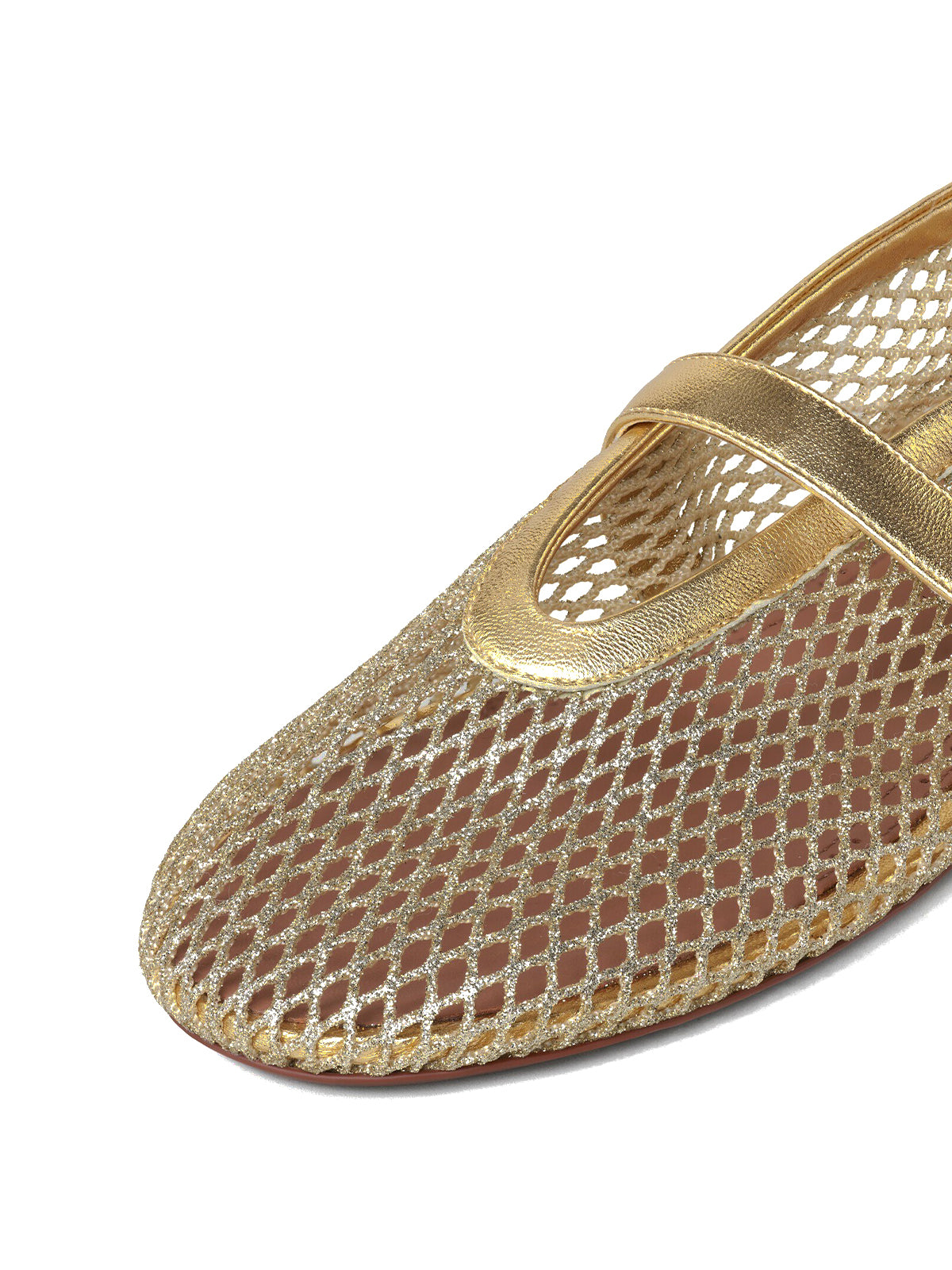 Metallic Gold Mesh And Vegan Leather Round-Toe Buckle Bridge Strap Flats