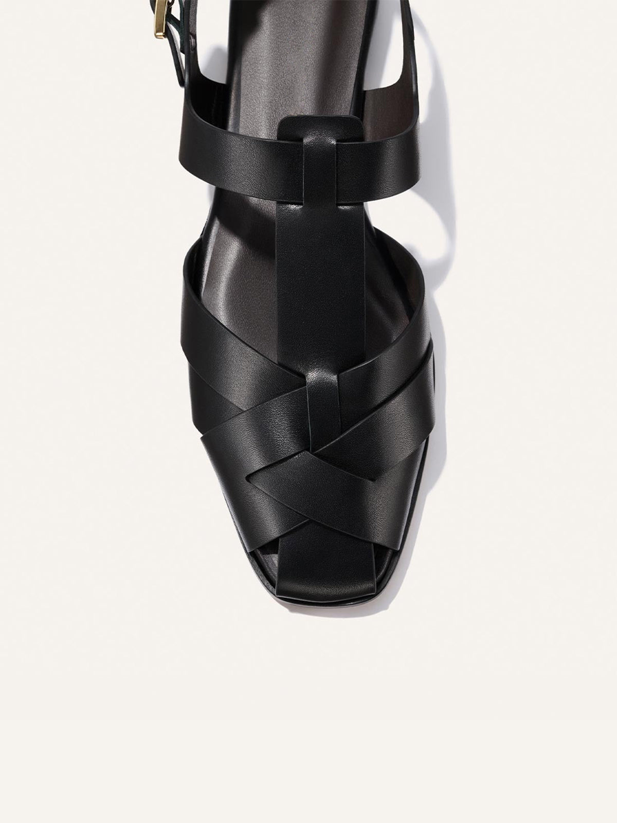 Black Cow Leather Square-Toe Caged Fisherman Chic Flats