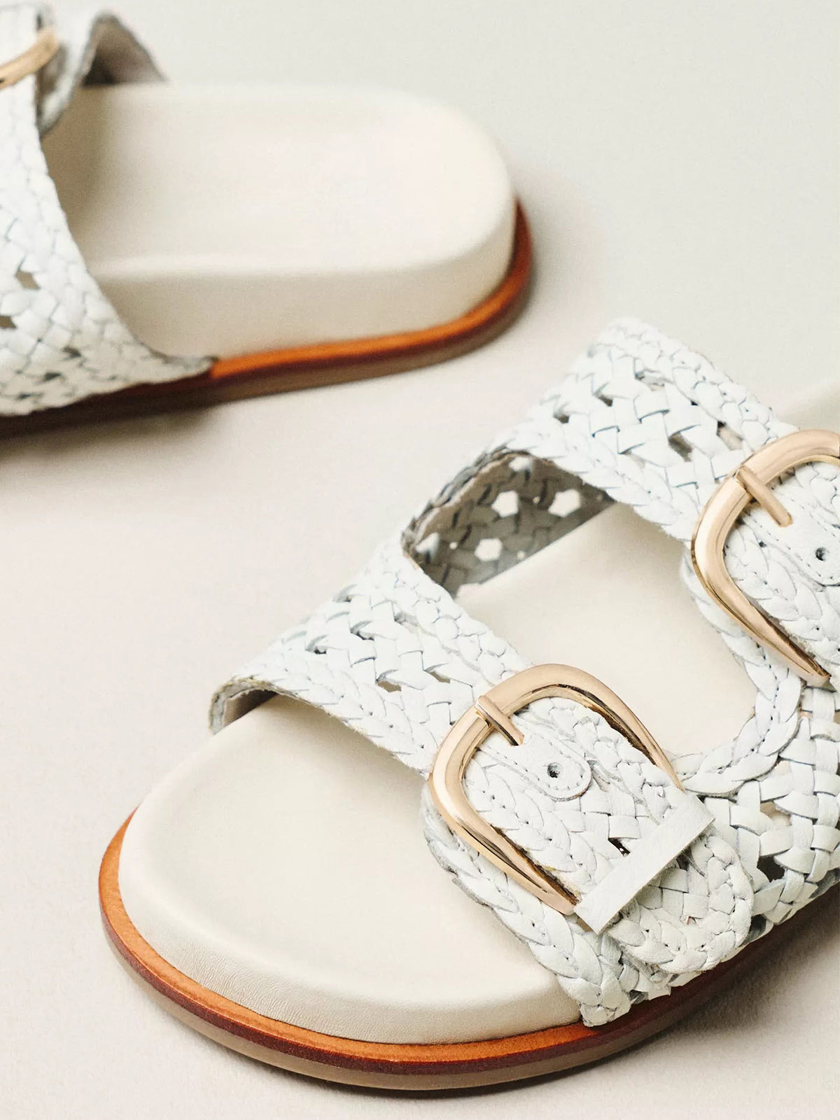 White Woven Vegan Leather Square-Toe Double Buckle Straps Slide Sandals Flats