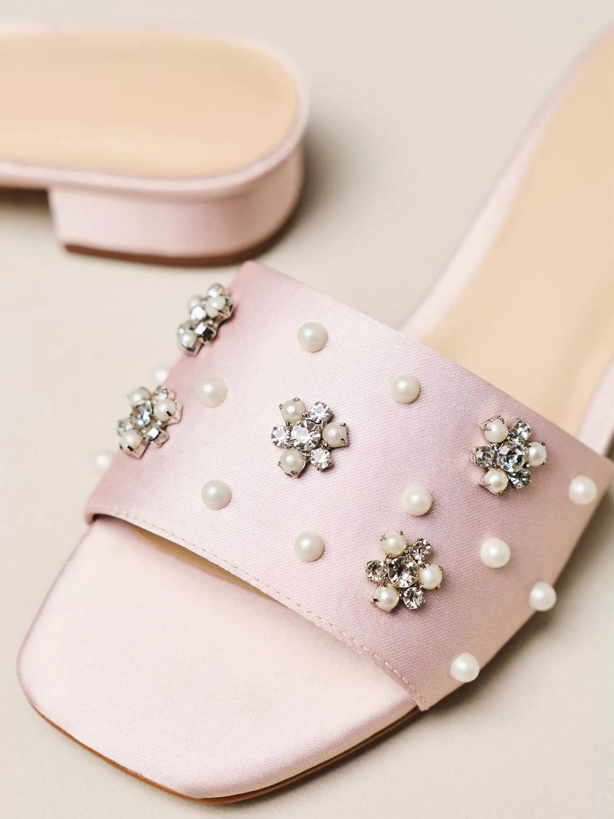 Pink Satin Square-Toe Pearl And Rhinestones Flower Applique Slide Sandals Flats