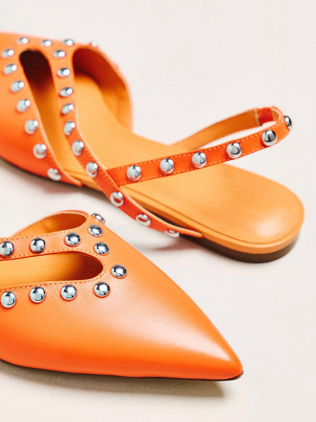 Orange Pointed-Toe Studded Cutout Slingback Flats