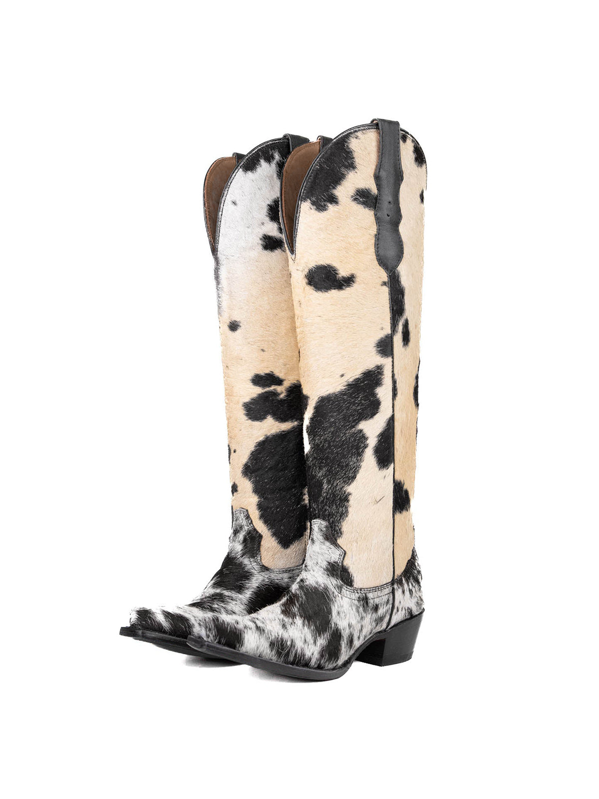 Cream With Black Cow Print Pony Hair Snip-Toe Embroidery Half-Zip Knee High Cowgirl Boots