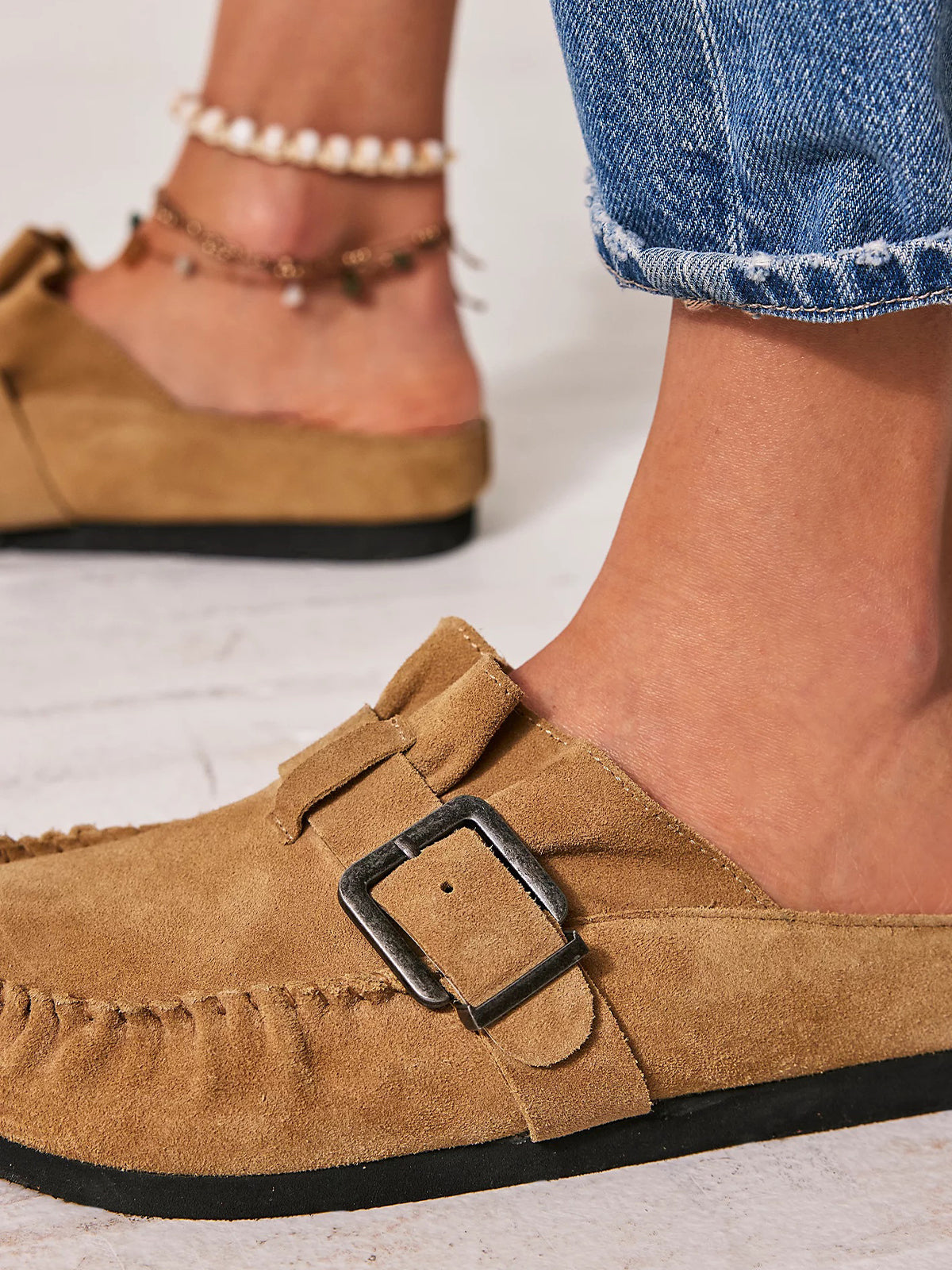 Tan Faux Suede Round-Toe Buckle Strap Backless Mules Flats