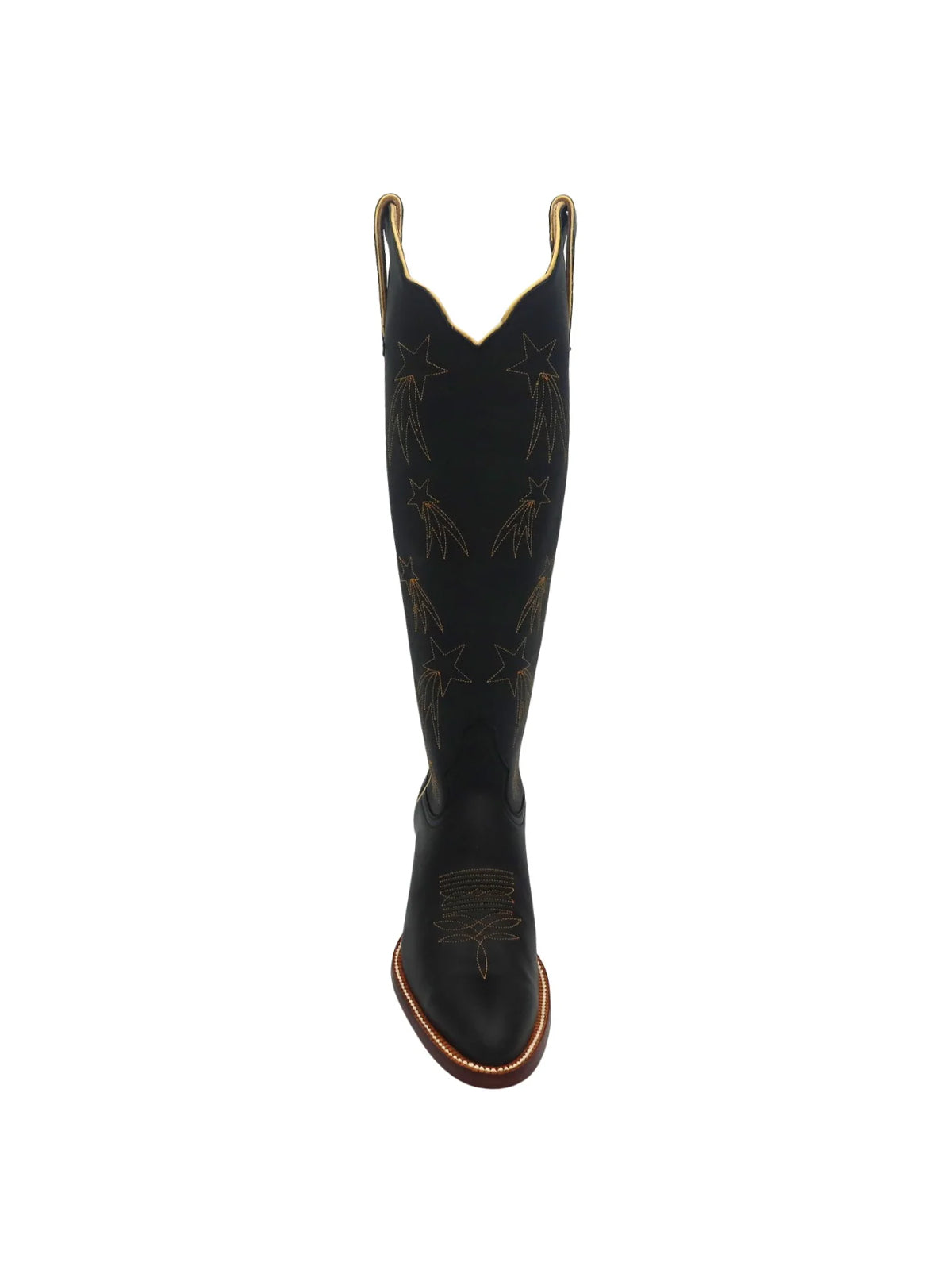Black Almond-Toe Shooting Stars Embroidery Wide Calf Knee High Cowgirl Boots