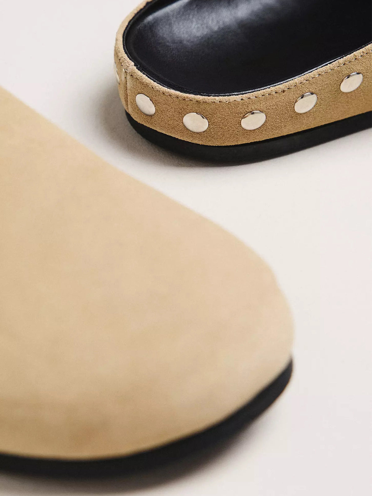 Taupe Faux Suede Square-Toe Studded Backless Slip-On Flats