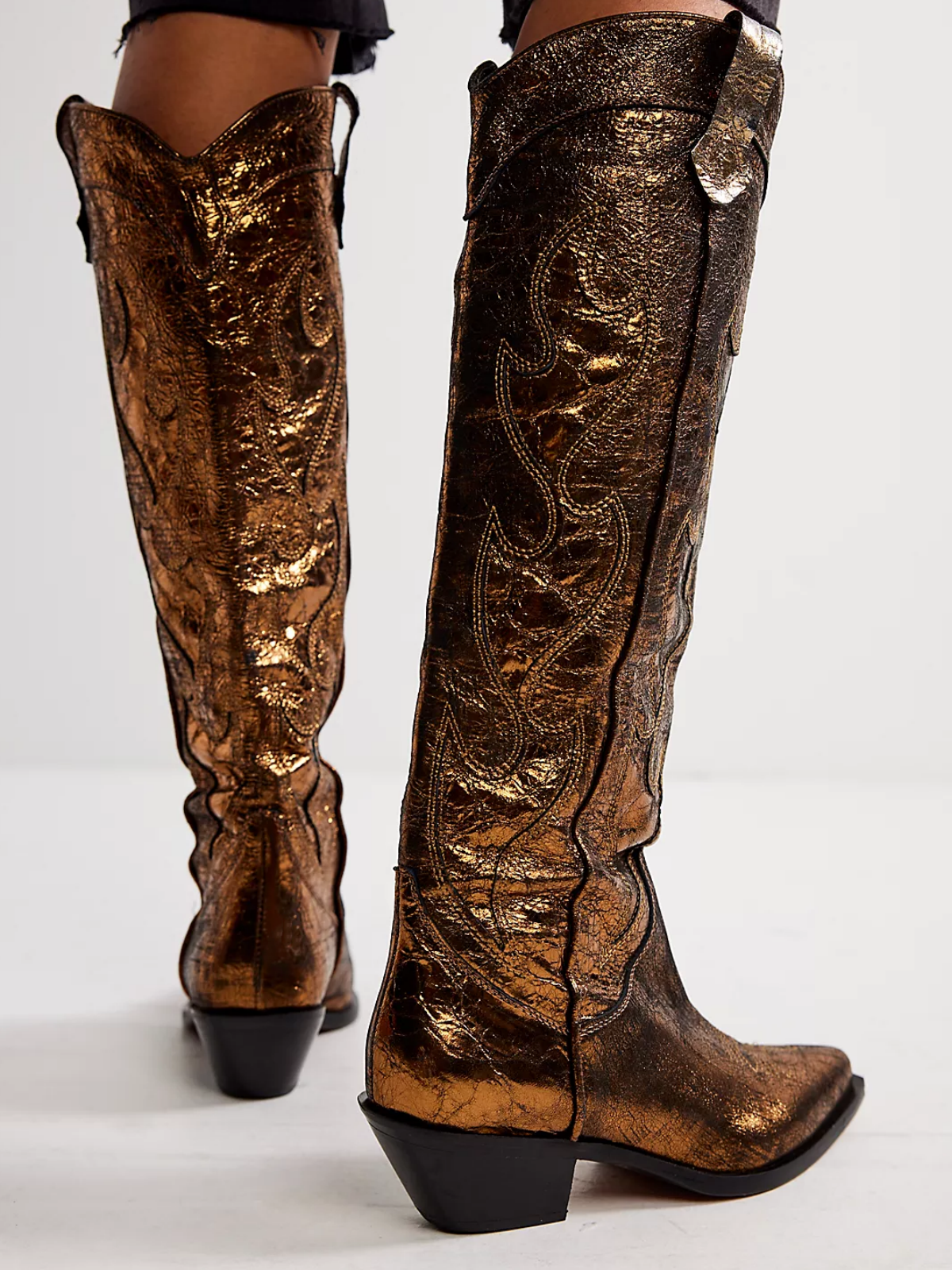 Metallic Gold Crinkle Stitch Inlay Pointy Western Wide Calf Cowgirl Tall Boots