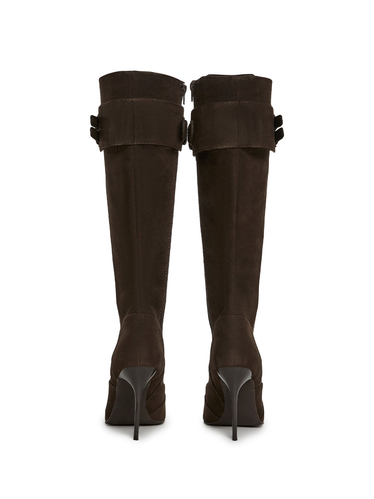 Brown Pointed-Toe Front Full Lace-Up And Full-Zip Buckle Straps Knee High Stiletto Boots