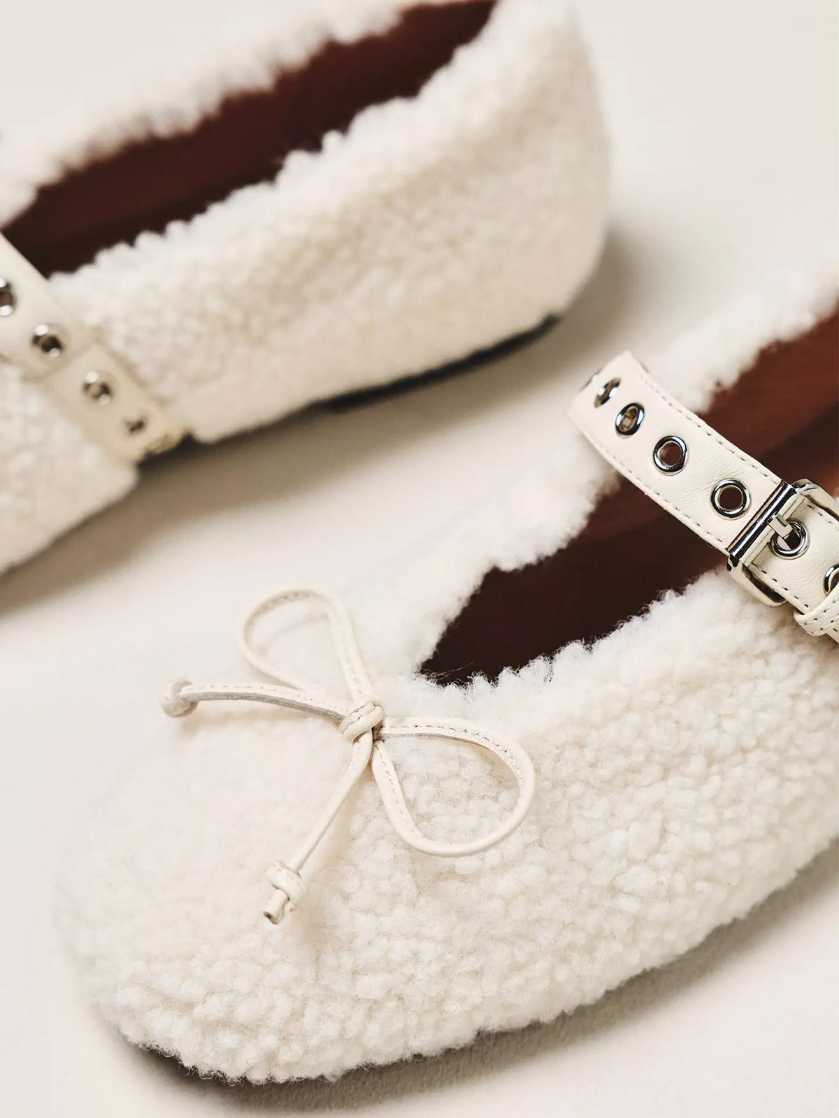 White Plush Square-Toe Front Bow Mary Jane Ballet Flats