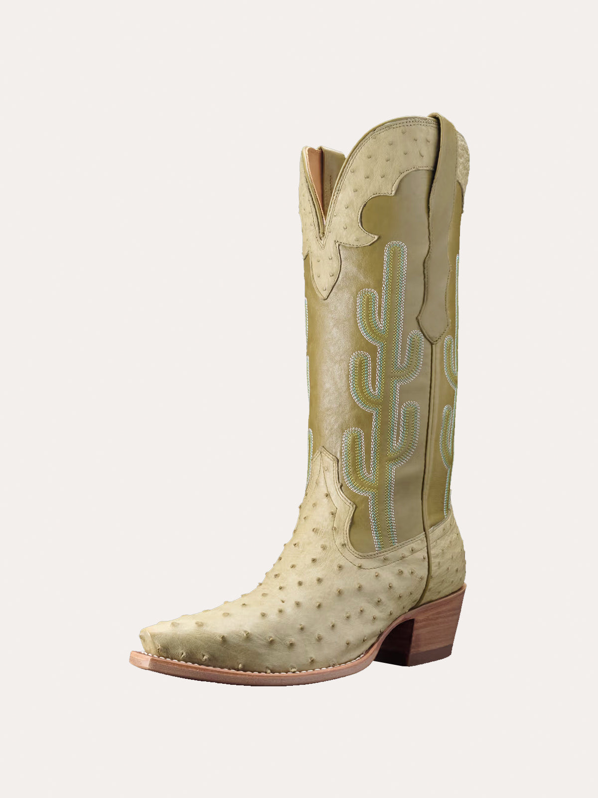 Contrast Green And Ostrich Print Snip-Toe Cactus Embroidery Mid Calf Cowgirl Boots