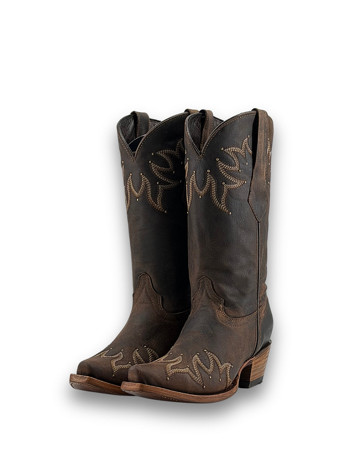 Western Snip-Toe Embroidery And Studs Mid Calf Chic Cowgirl Boots - Dark Brown