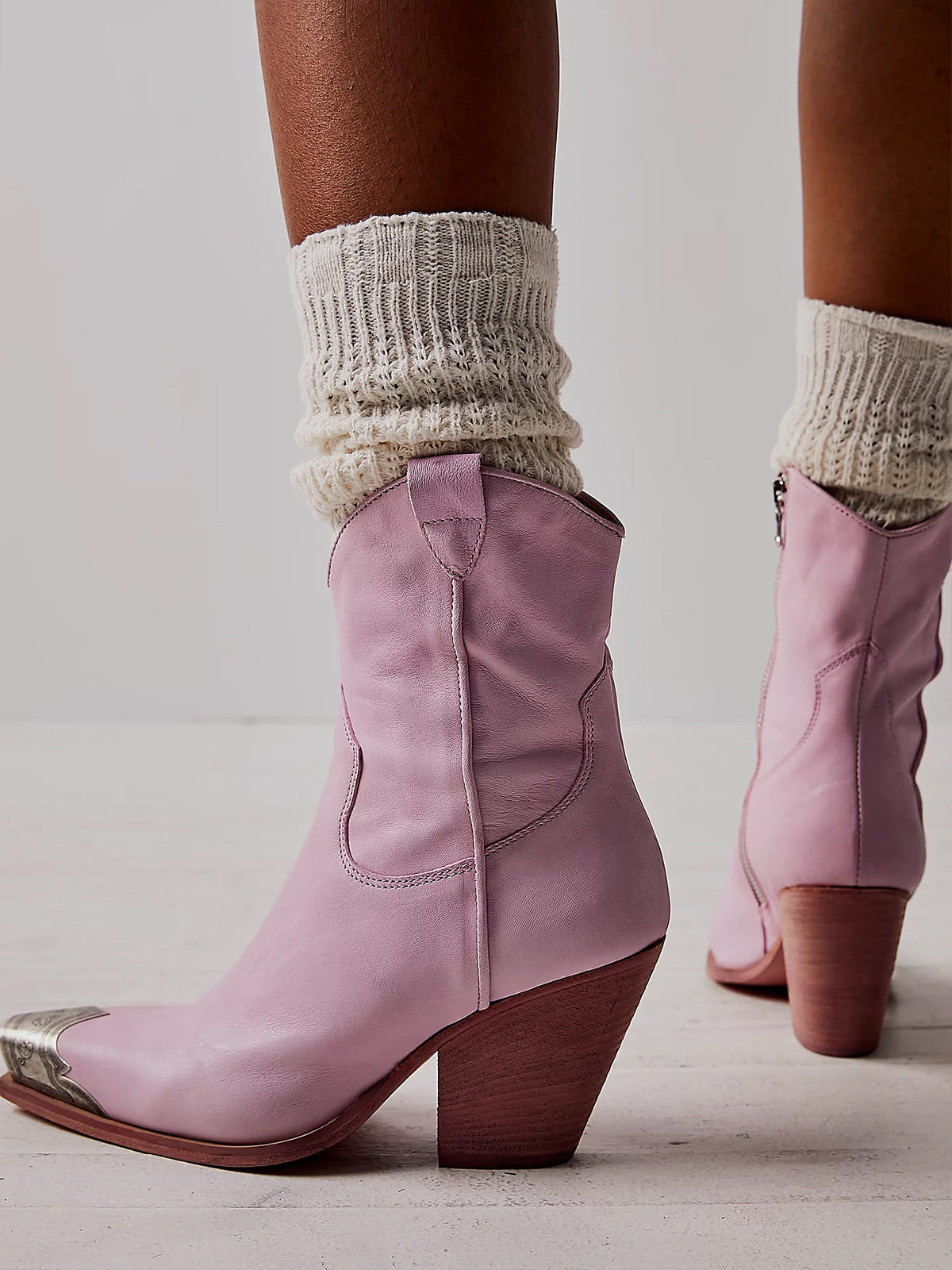 Metal Snip-Toe Full-Zip Classic Cowgirl Ankle Boots - Rose Pink