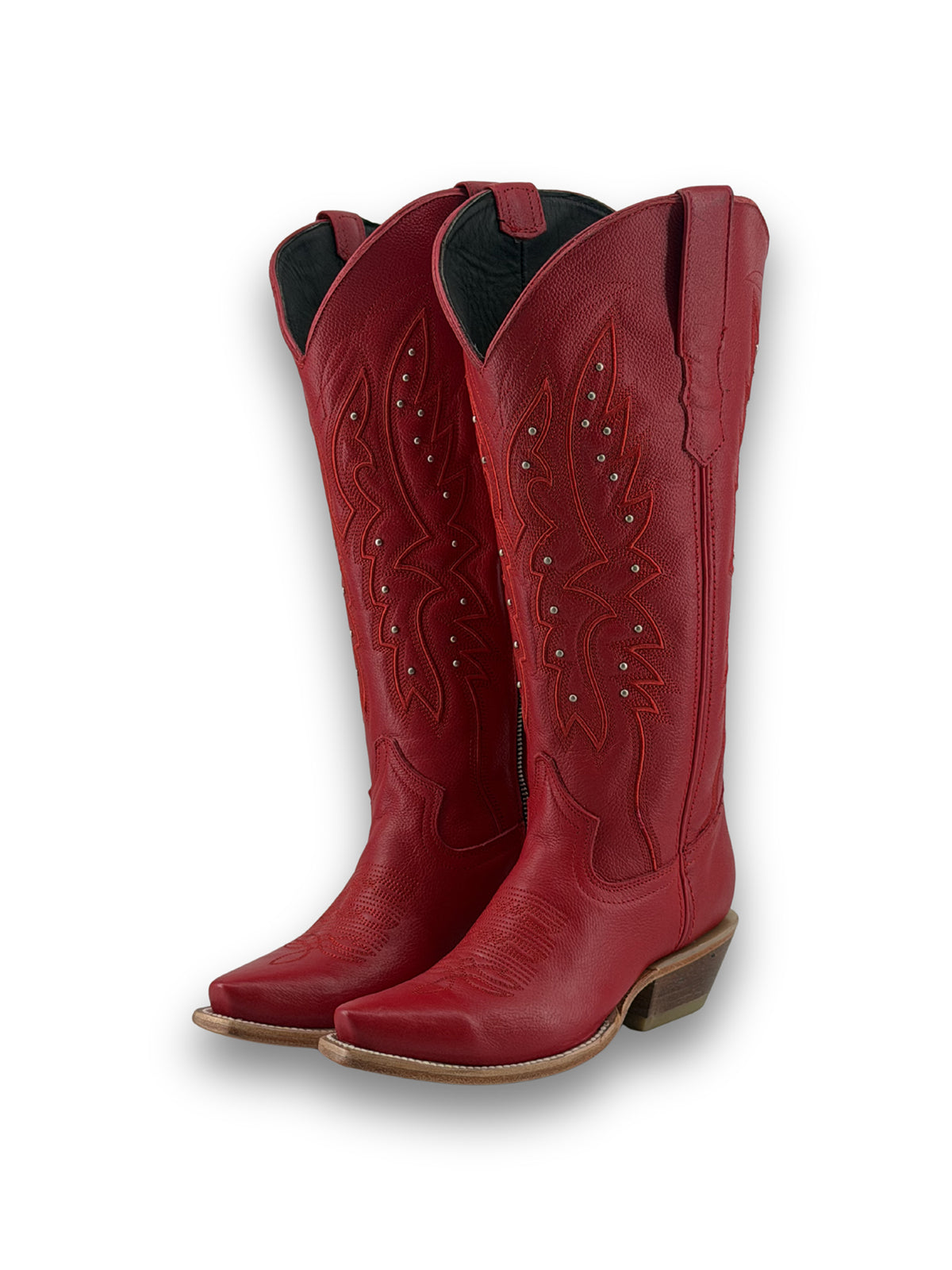 Western Snip-Toe Embroidery Half-Zip Knee High Cowgirl Boots - Red