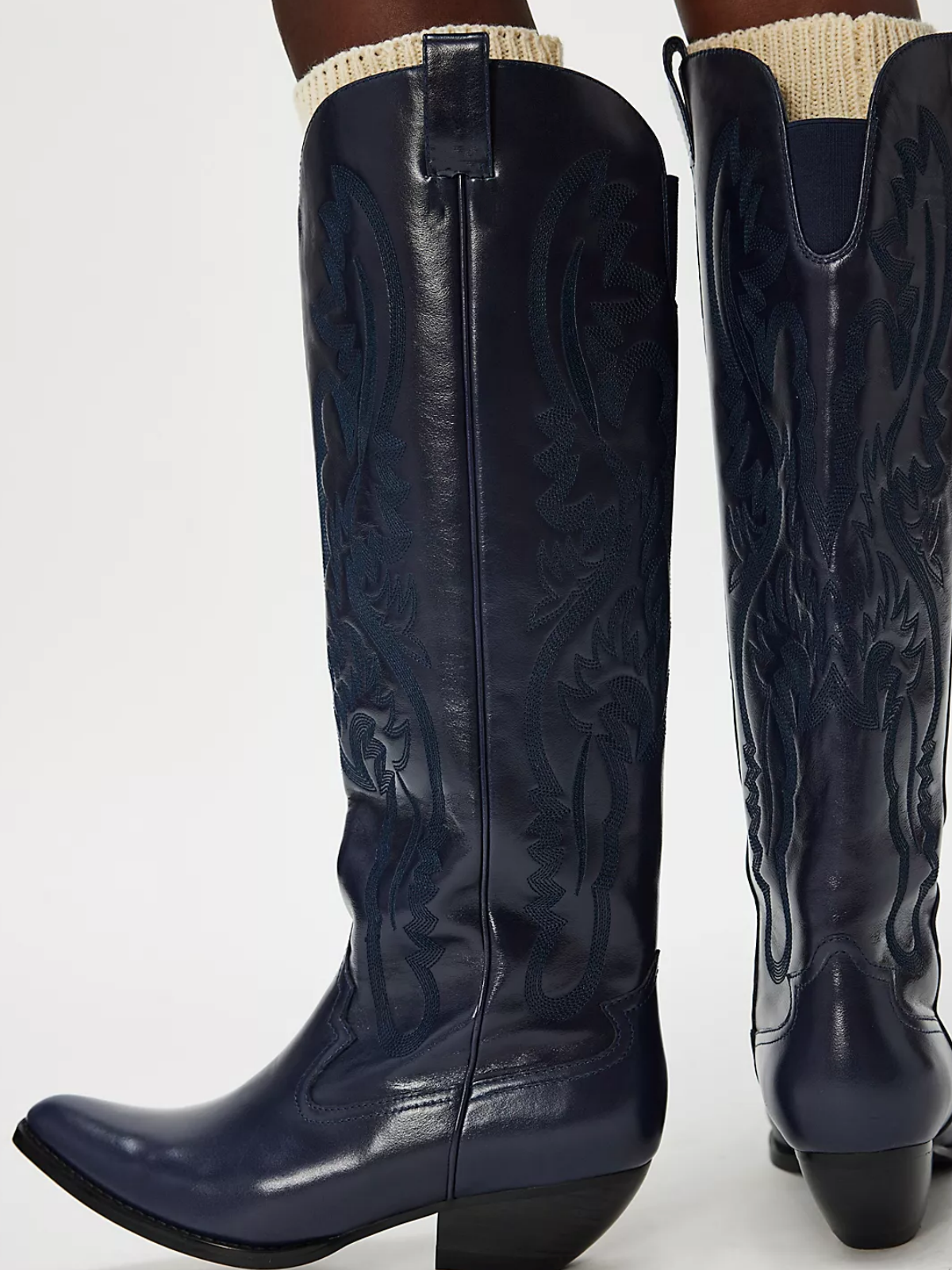 Navy Blue Embroidery Pointed-Toe Tall Wide Calf Knee High Western Boots For Women