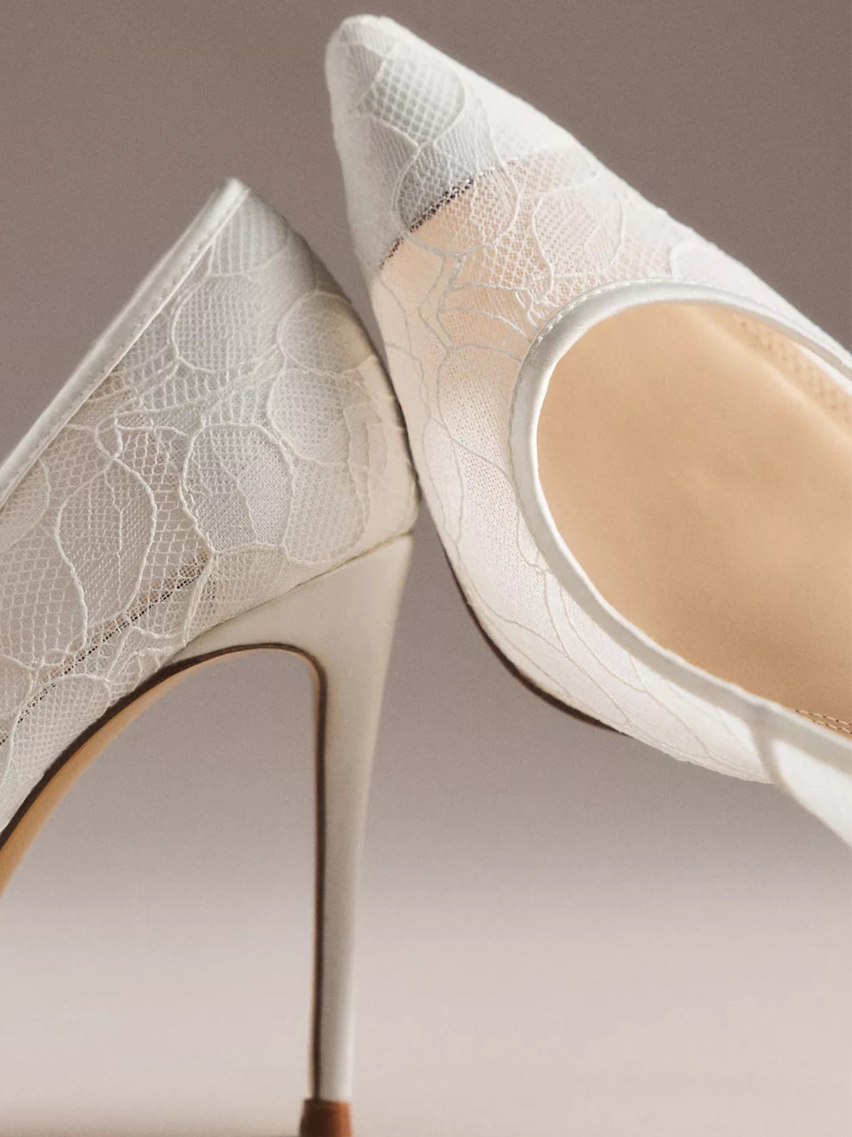 Ivory Lace Mesh Pointed-Toe Slip-On Stiletto Pumps High Heels