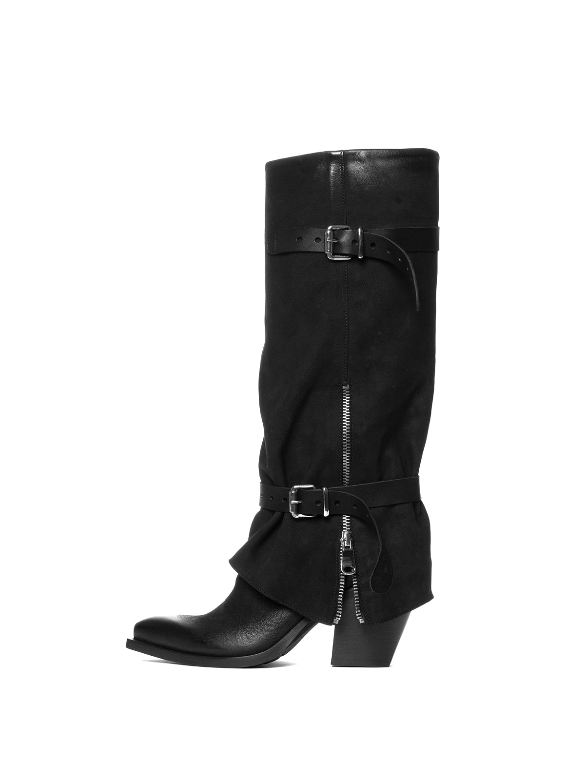 Black Faux Suede Snip-Toe Bottom Zipper Fold-Over Buckle Knee High Cowgirl Boots