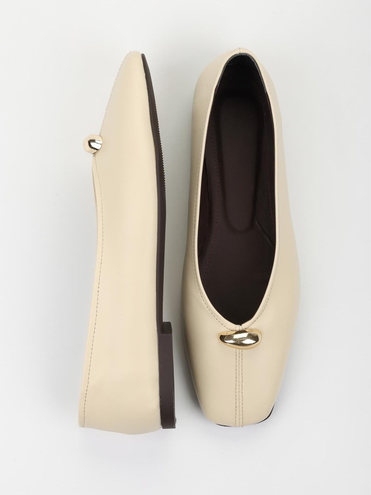 Cream Yellow Square-Toe Front Gold Metal Detail Slip-On Flats