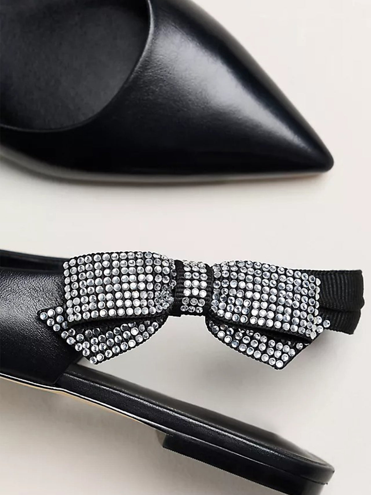 Black Pointed-Toe Rhinestone Side-Bow Slingback Flats