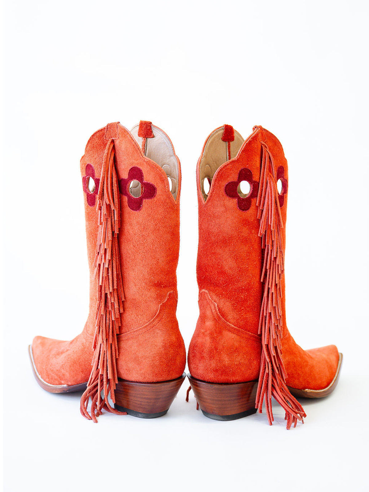 Red Pointed-Toe Side Fringes And Cutout Mid Calf Cowgirl Boots