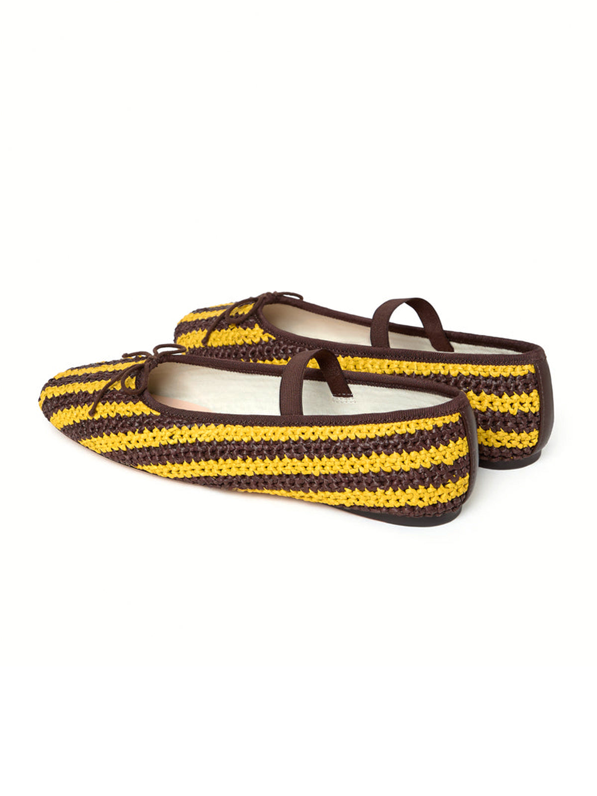 Contrast Yellow And Brown Rope Weaving Round-Toe Front Bow Mary Jane Ballet Flats