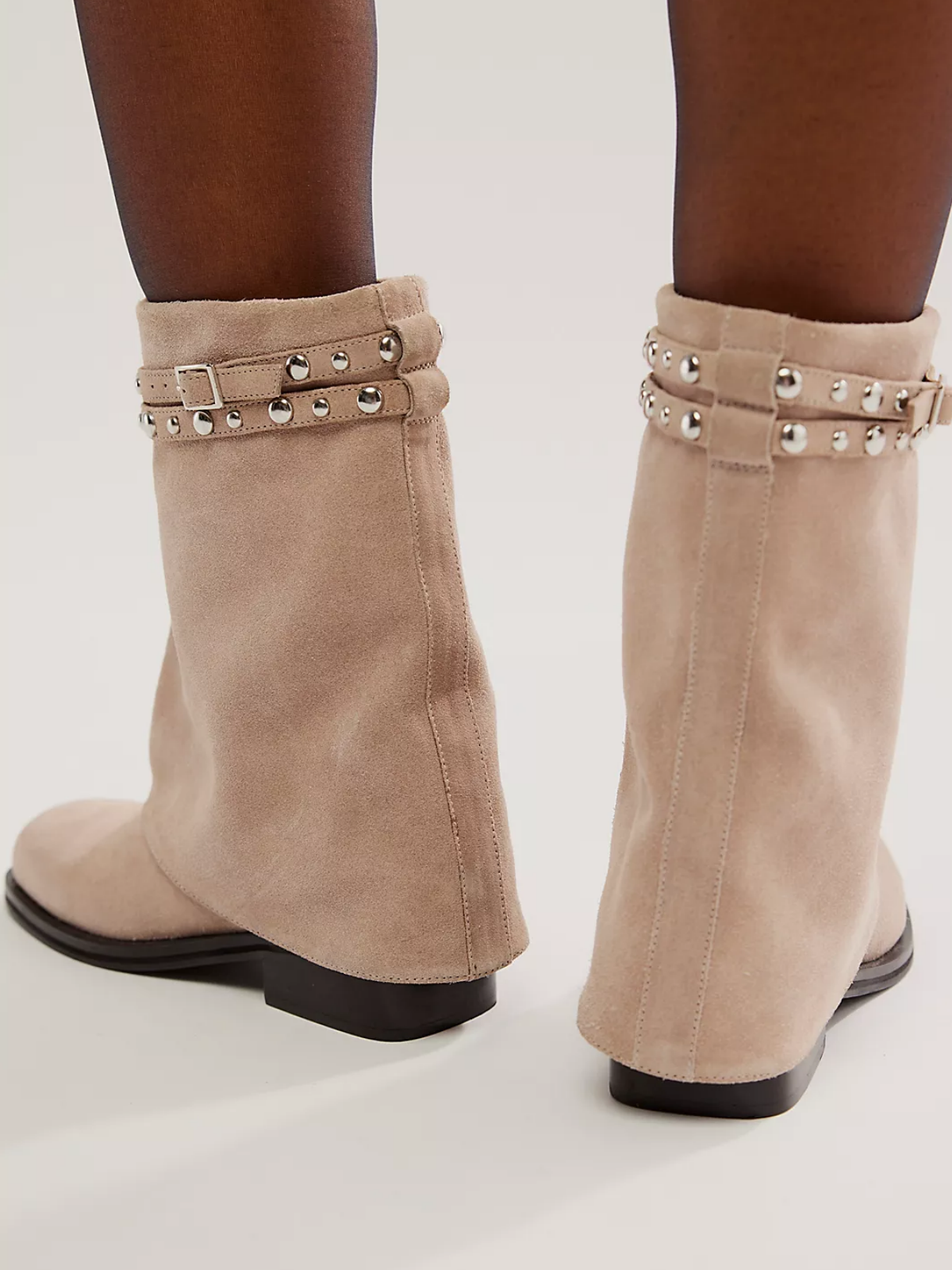 Greige Round Square-Toe Fold-Over Mid Calf Cowgirl Boots With Studded Straps