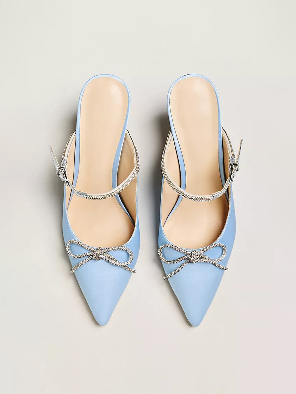 Blue Satin Pointed-Toe Bridge Strap Kitten Heels With Bow