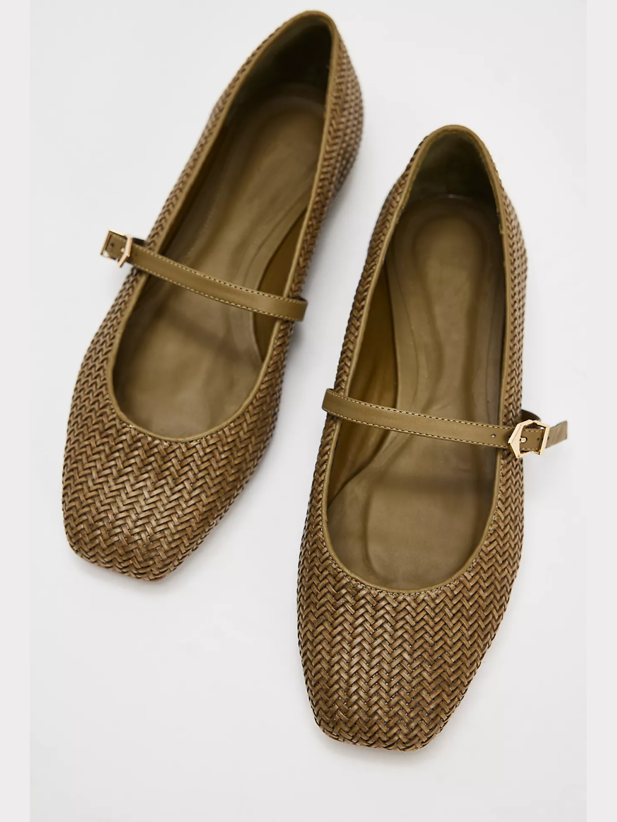 Matcha Woven Vegan Leather Square-Toe Bridge Strap Ballet Flats