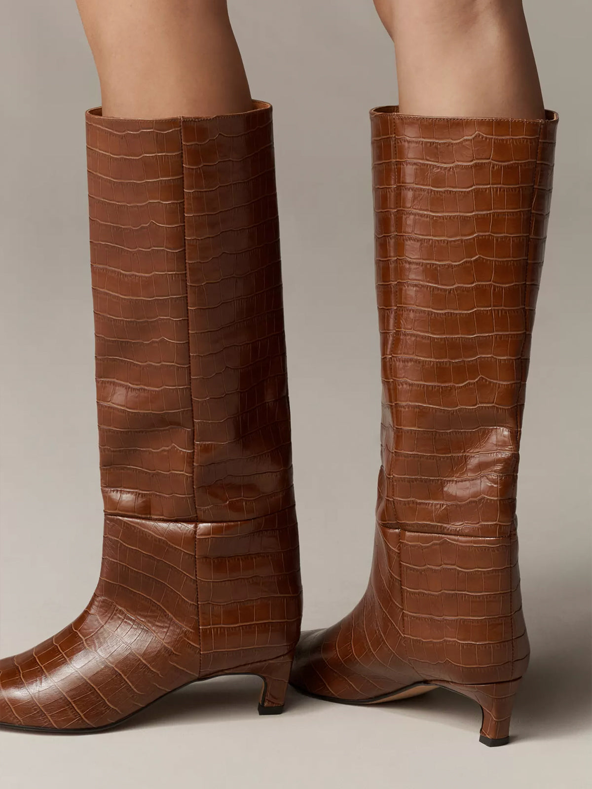 Wide Calf Pointed-Toe Simple Knee High Tall Stiletto Boots - Brown Croc-Print