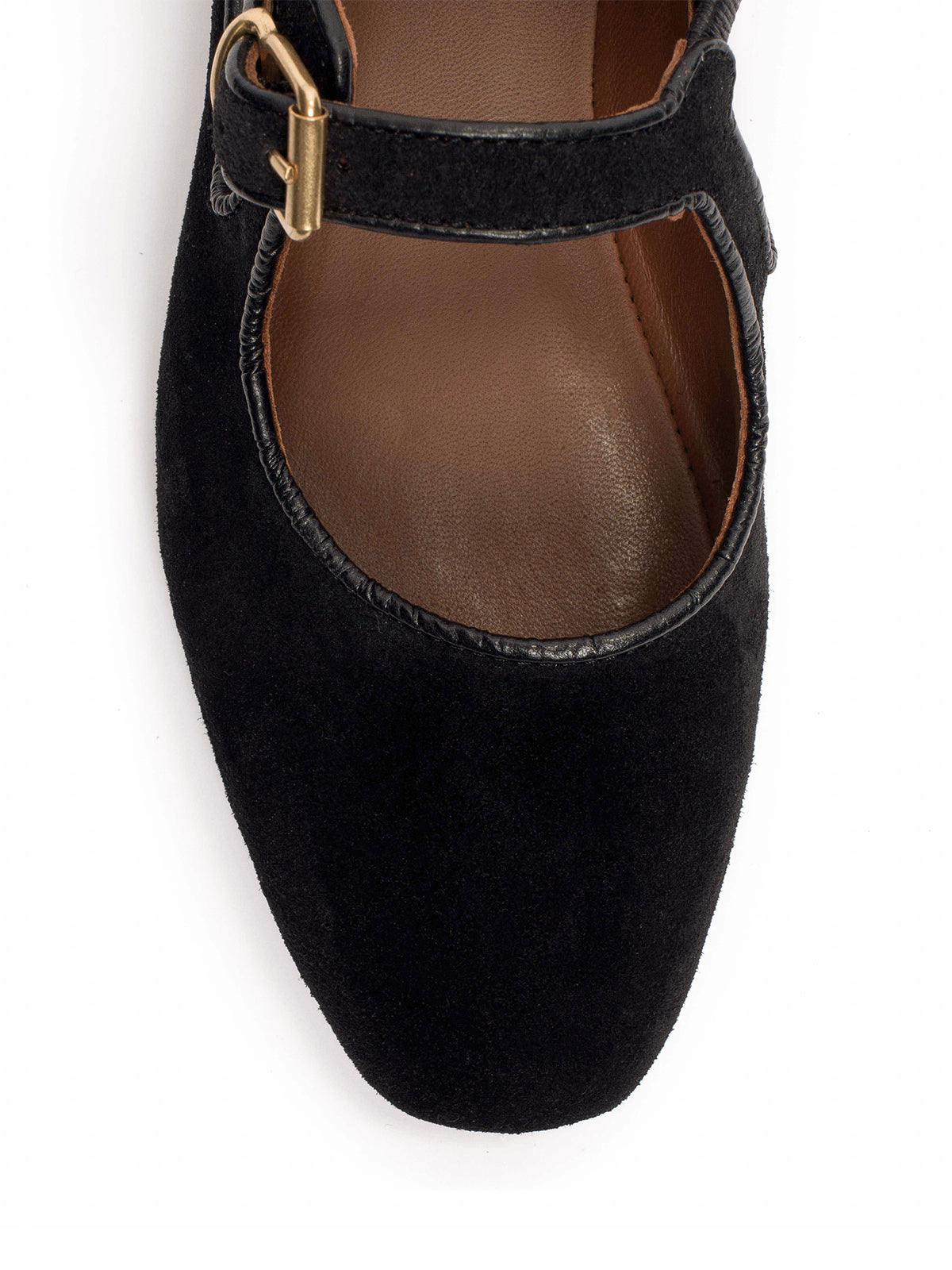 Square-Toe Buckle Strap Chic Flats - Black Faux Suede