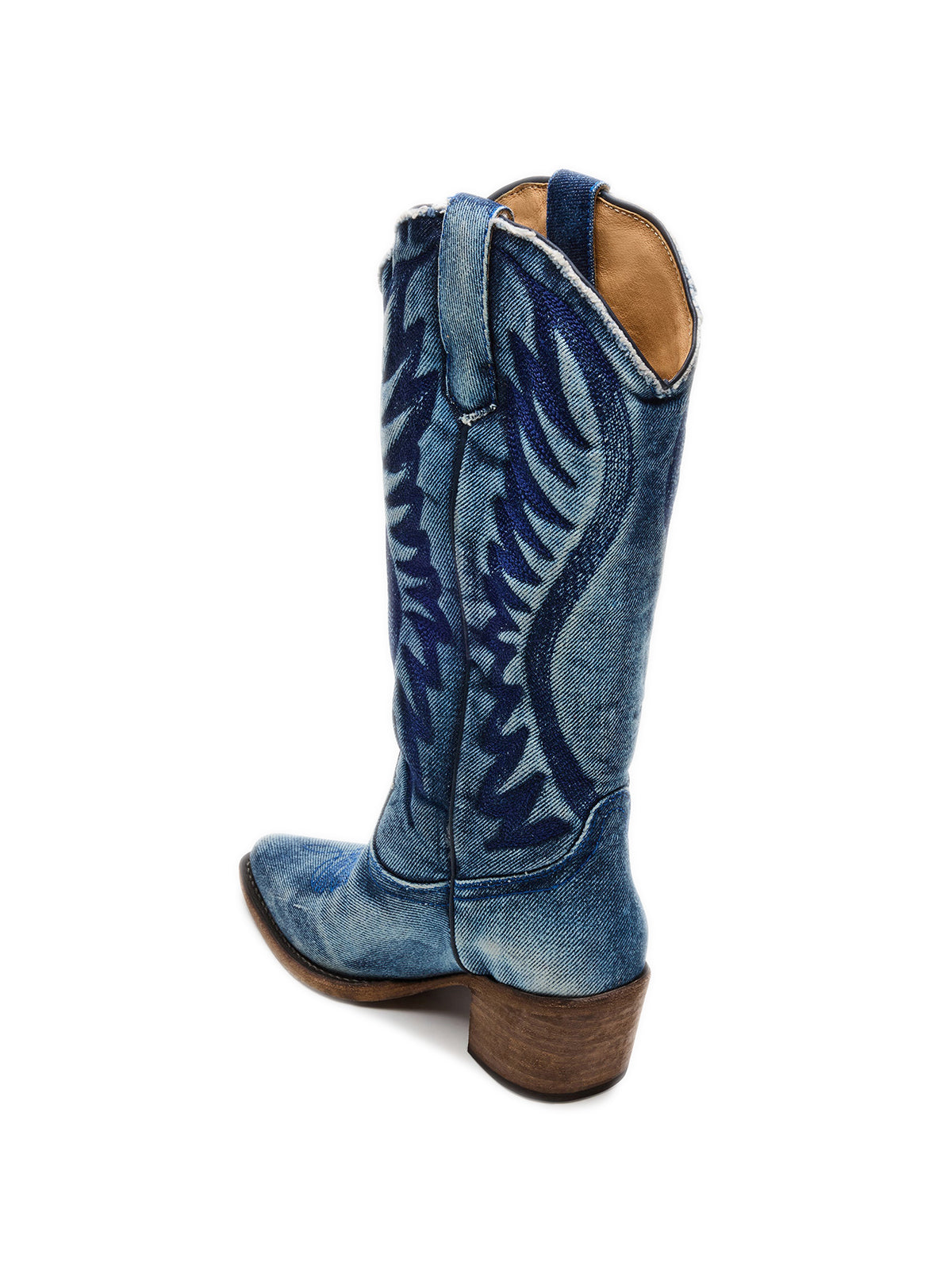 Blue Denim Pointed-Toe Wings Embroidery Mid Calf Cowgirl Boots