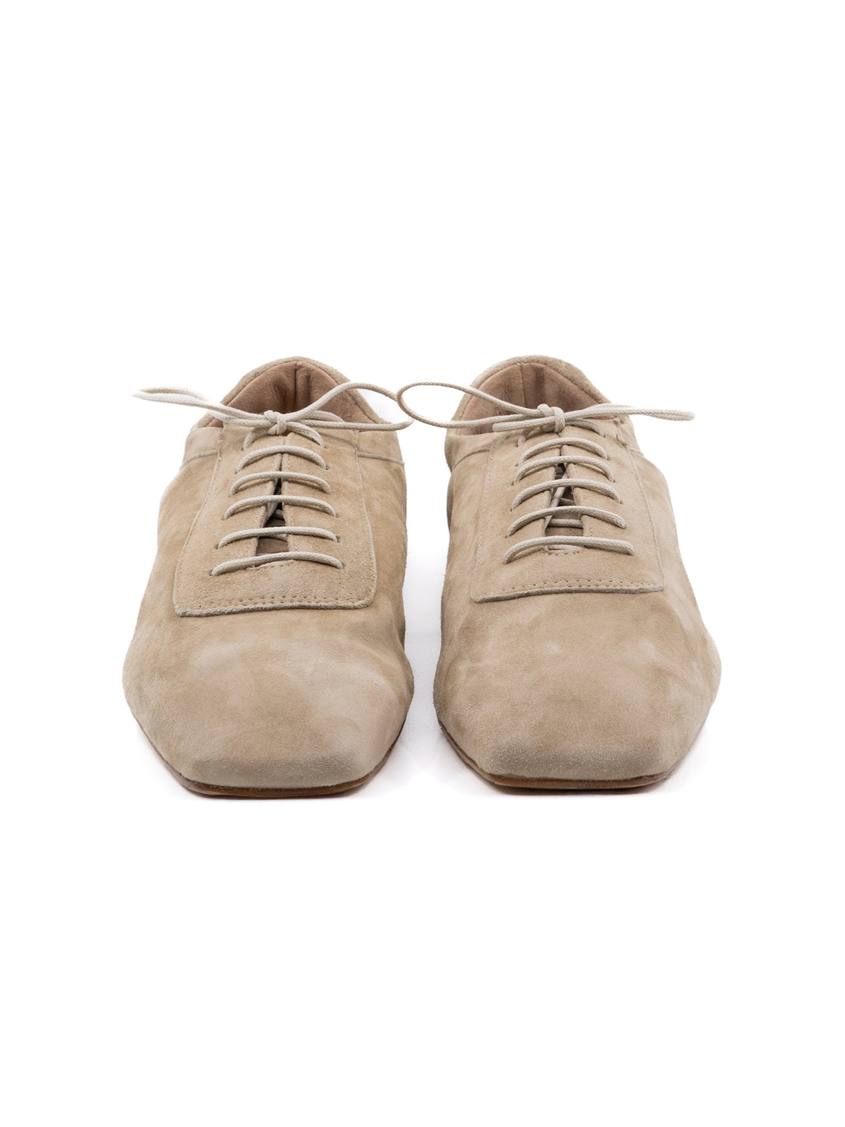 Beige Faux Suede Square-Toe Lace-Up Chic Flats