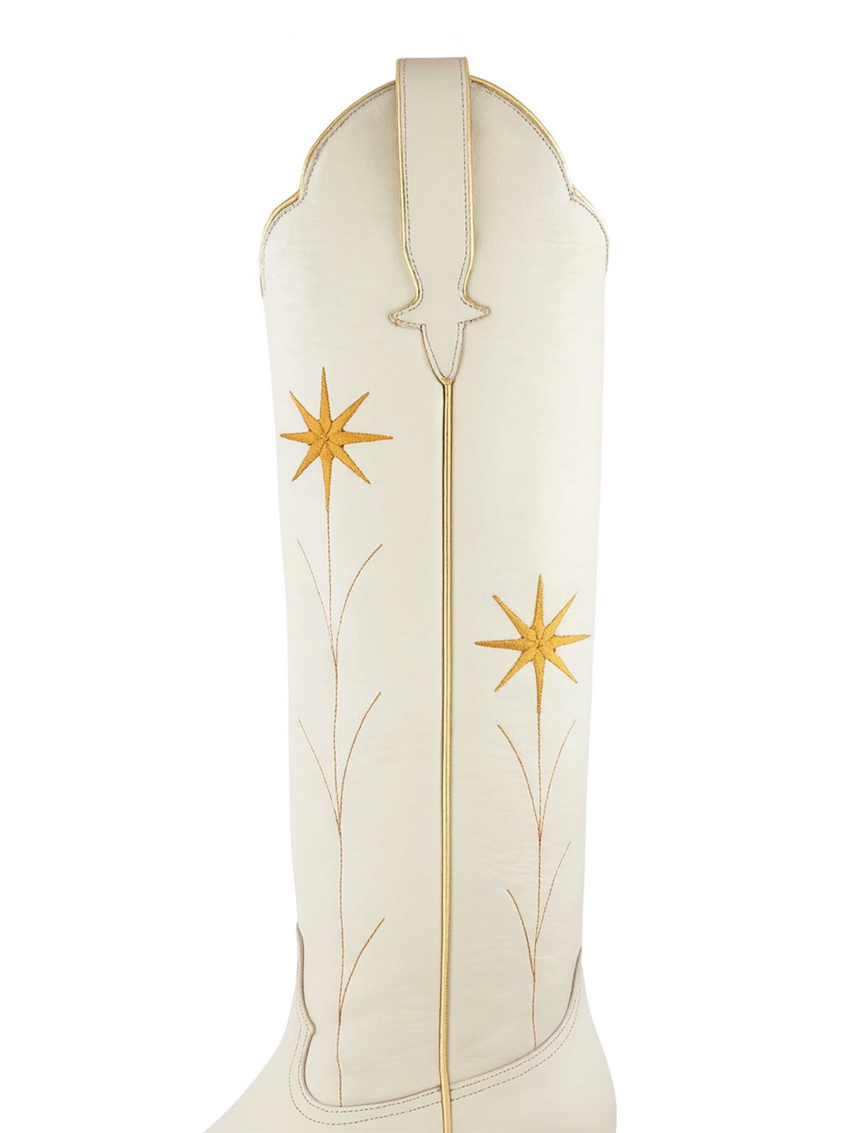 Bone Almond-Toe Gold Flowers Embroidery Wide Calf Knee High Cowgirl Boots