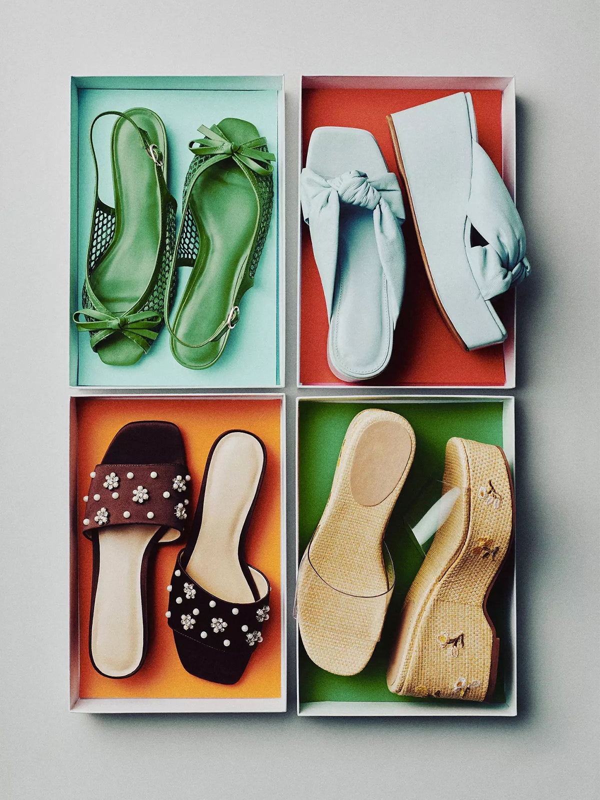 Brown Satin Square-Toe Pearl And Rhinestones Flower Applique Slide Sandals Flats
