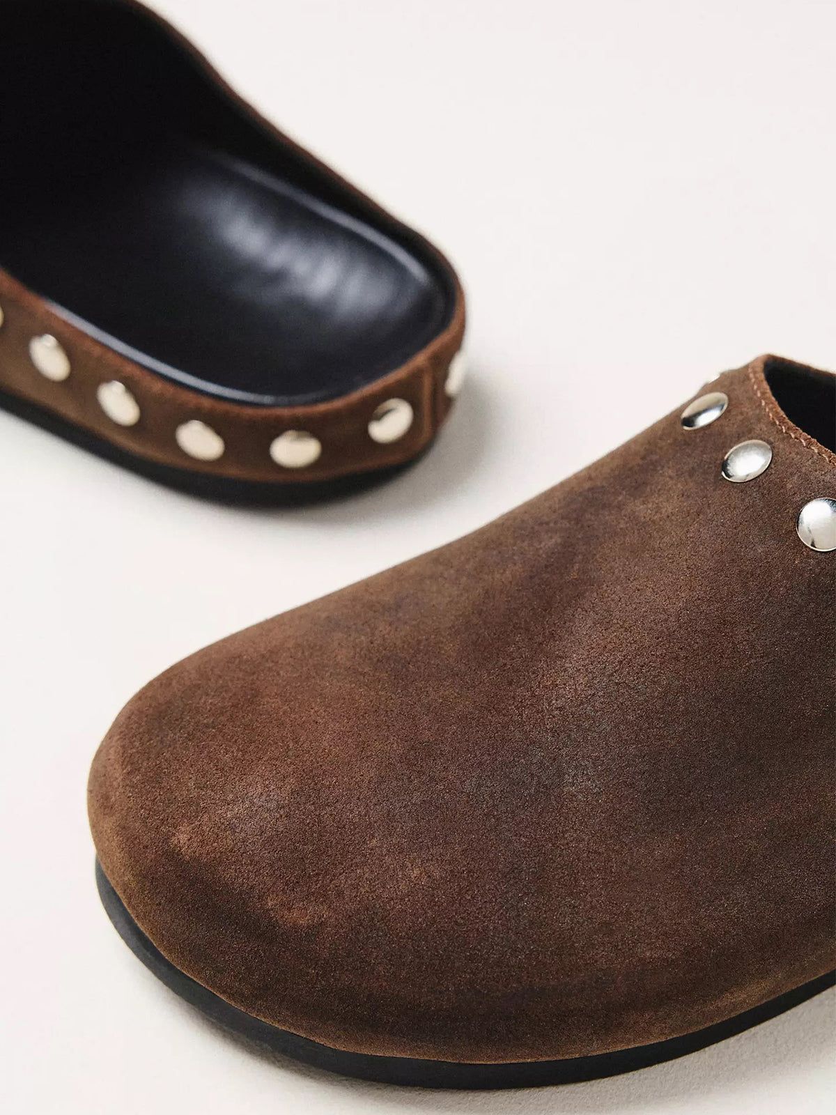 Brown Faux Suede Square-Toe Studded Backless Slip-On Flats