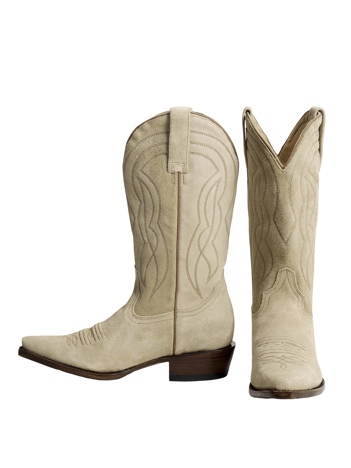 Beige Faux Suede Snip-Toe Classic Stitch Mid Calf Cowgirl Boots
