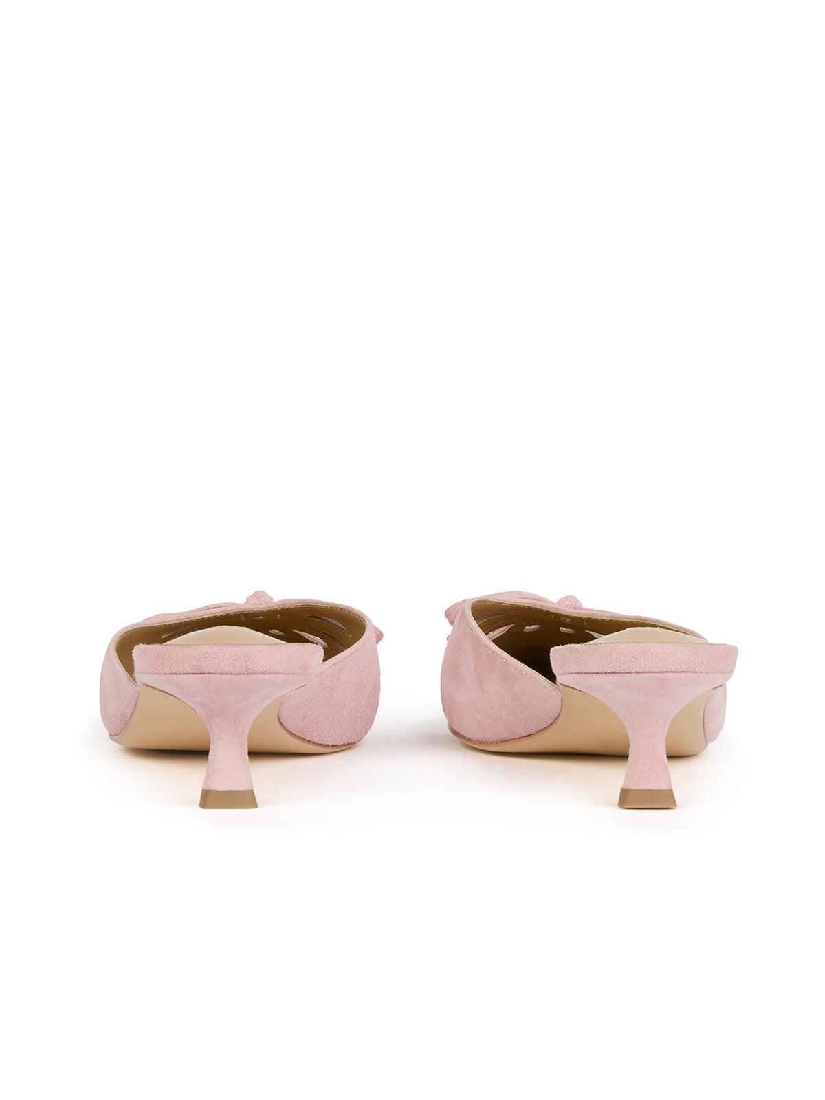 Pink Faux Suede Pointed-Toe Front Cut-Out And Bow Backless Kitten Heels