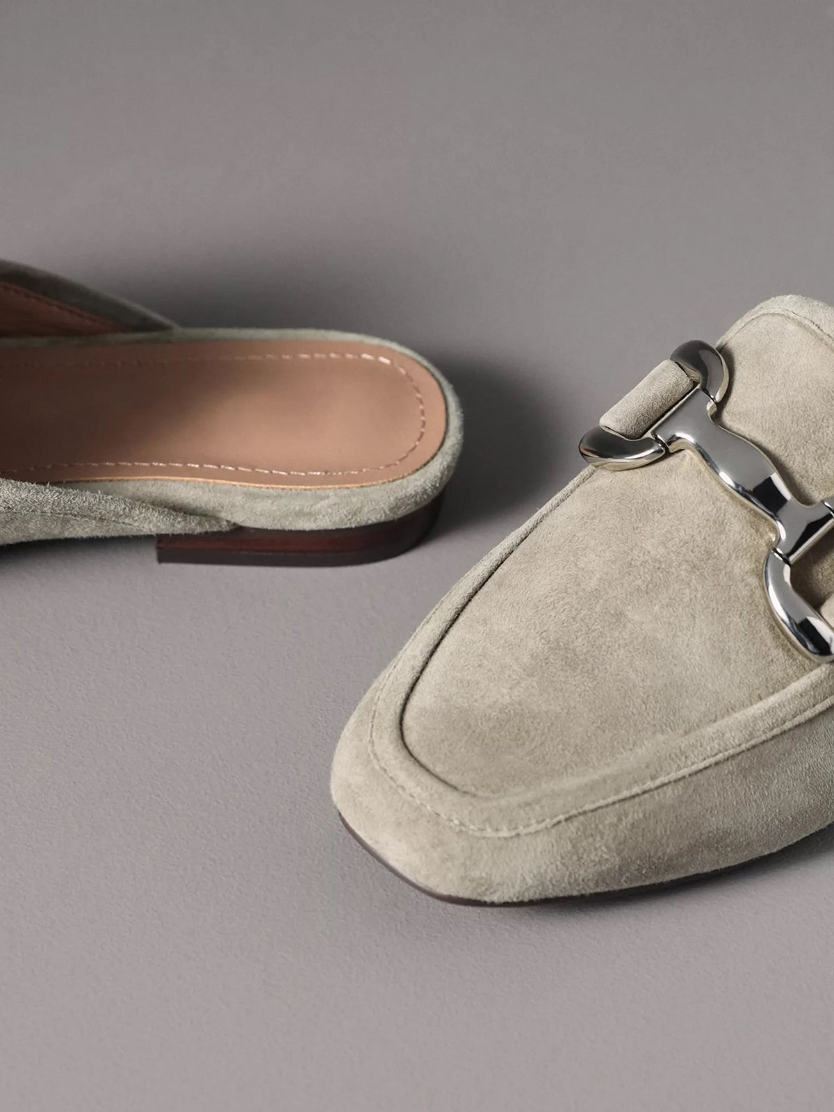 Olive Green Faux Suede Square-Toe Slip-On Front Metal Detail Flats Loafers