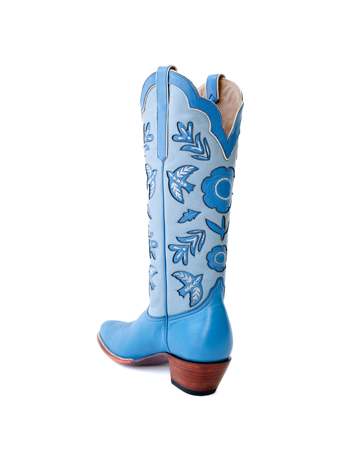 Blue Round-Toe Birds Leaves Flowers Inlay Wide Calf Knee High Cowgirl Boots