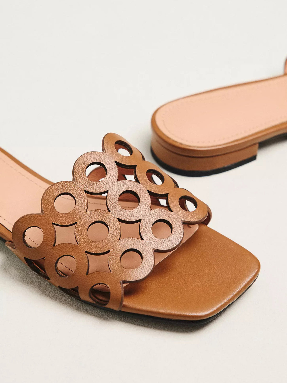 Camel Square-Toe Cutout Slide Backless Sandals Flats