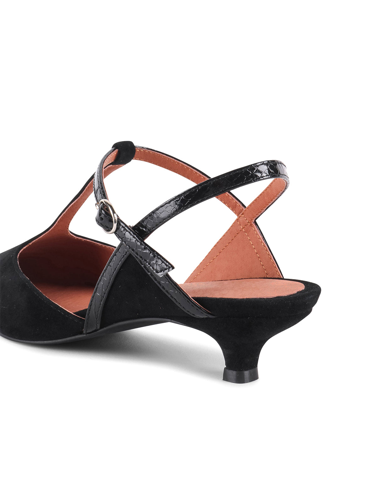 Black Faux Suede Pointed-Toe Buckle Ankle Strap Chic Kitten Heels